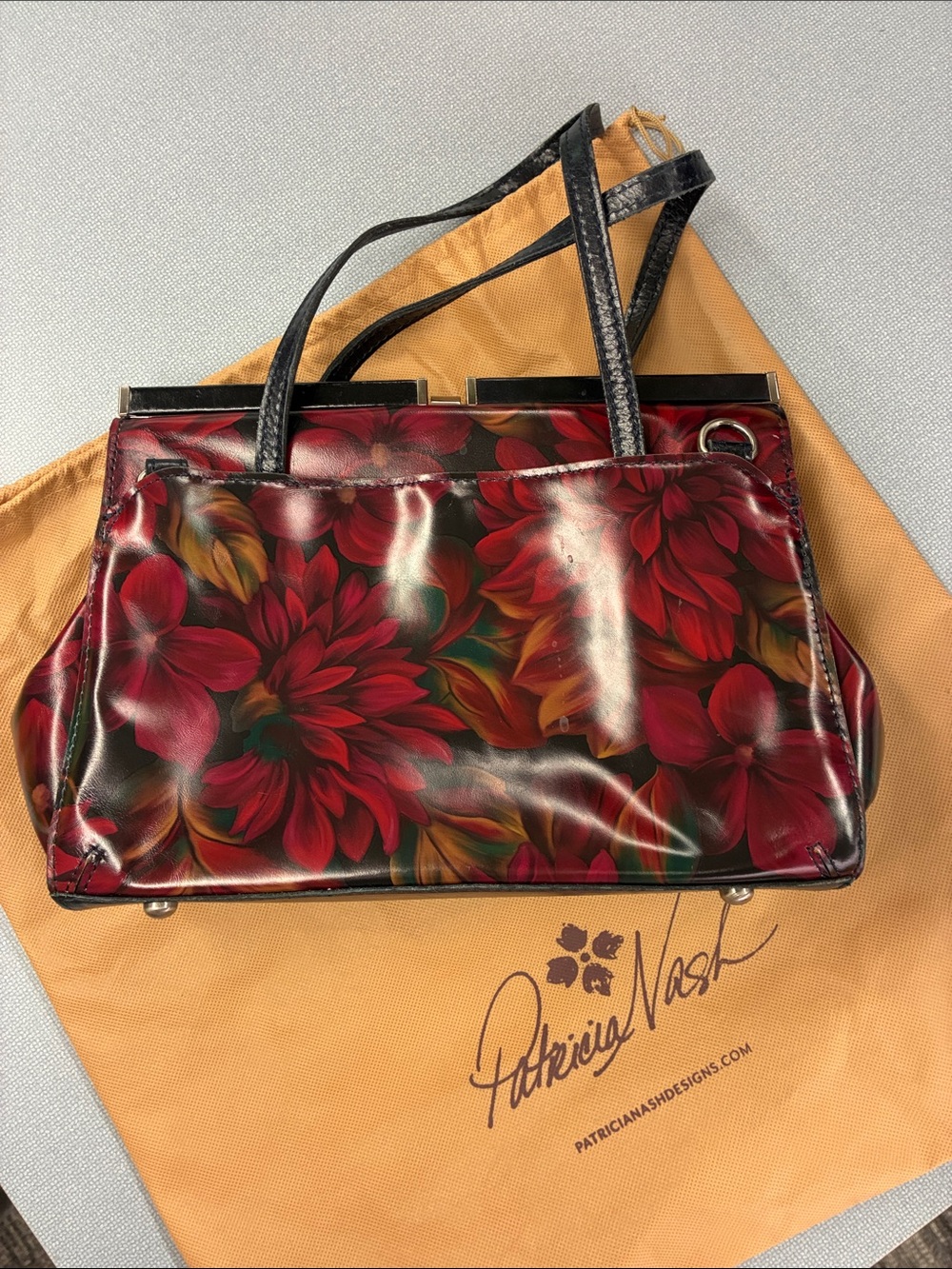Patricia Nash Red Floral Patent Leather Shoulder Bag with Black Straps
